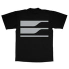 The Tech Script Tee Black EDGLRD is a black heavyweight cotton shirt with two thick, horizontal gray lines featuring wavy right-side indentations on the back for a minimalist, abstract look. Made in the USA.