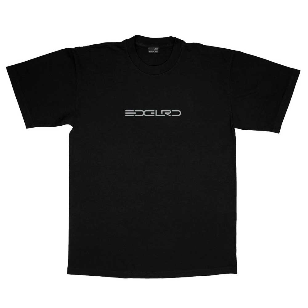 The Tech Script Tee Black EDGLRD is a heavyweight black cotton tee featuring "EXELERO" in a modern white font screenprinted at the chest, displayed flat on a white background.