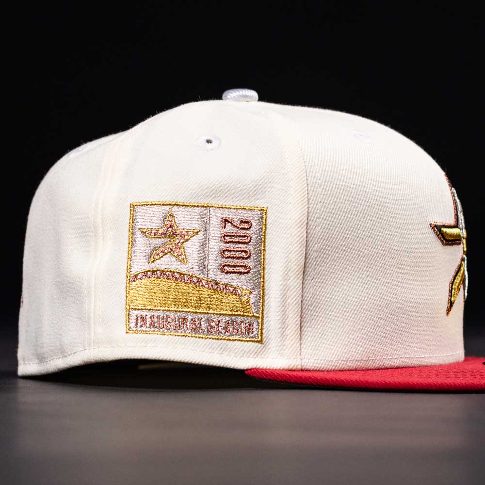 Exclusive to Whatafitted, The Final Hour New Era Hat 5950 Fitted NEW YEAR DROP features a white crown, red brim, gold "2000 Inaugural Season" patch with star detail, and is showcased on a black background.