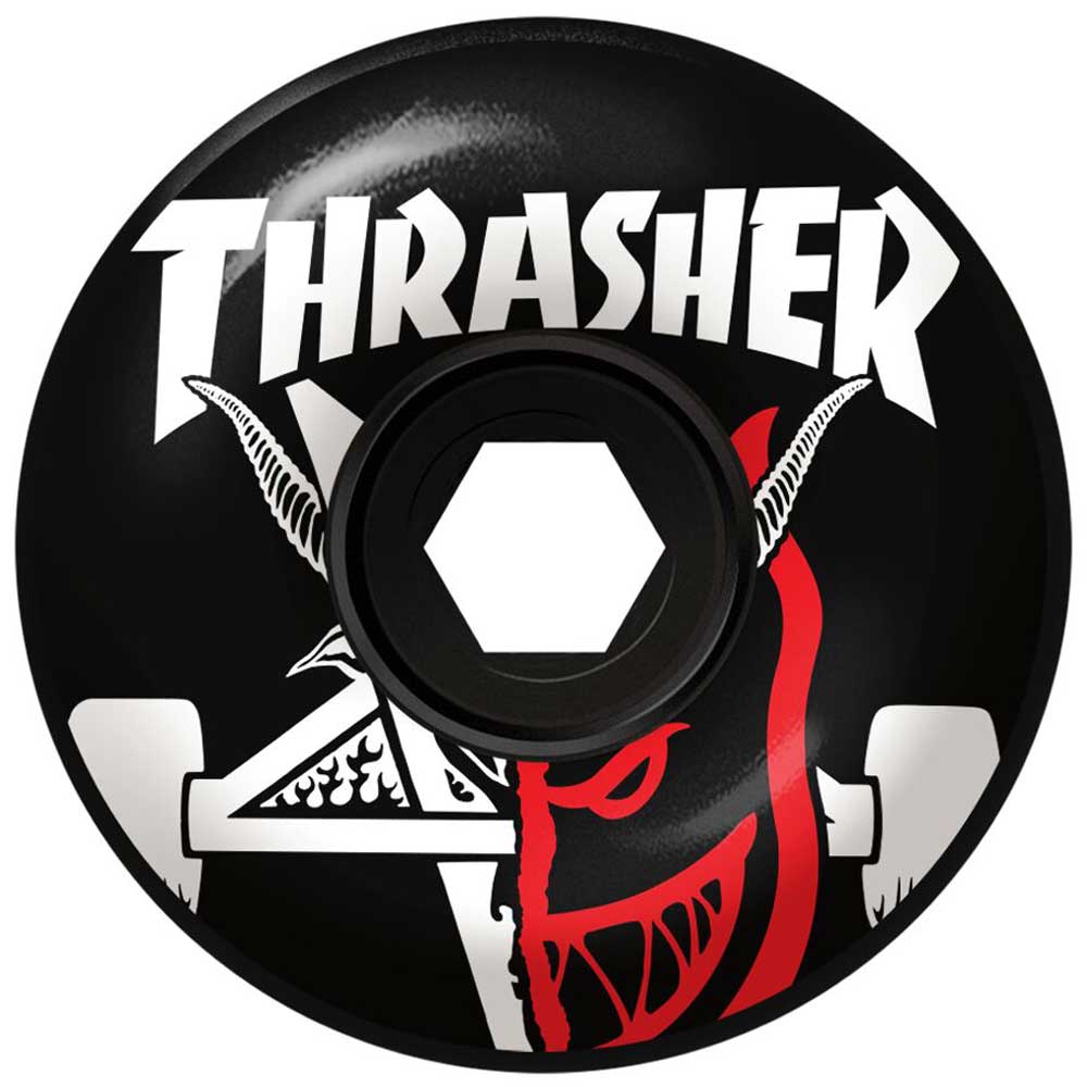 The Thrash Burn SF 56mm 80HD San Francisco Spitfire Wheel features “THRASHER” in white, a red demon face, and white goat horns with an inverted cross in the background, inspired by classic SF skate style.