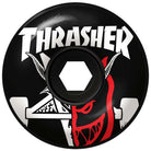 The Thrash Burn SF 56mm 80HD San Francisco Spitfire Wheel features “THRASHER” in white, a red demon face, and white goat horns with an inverted cross in the background, inspired by classic SF skate style.