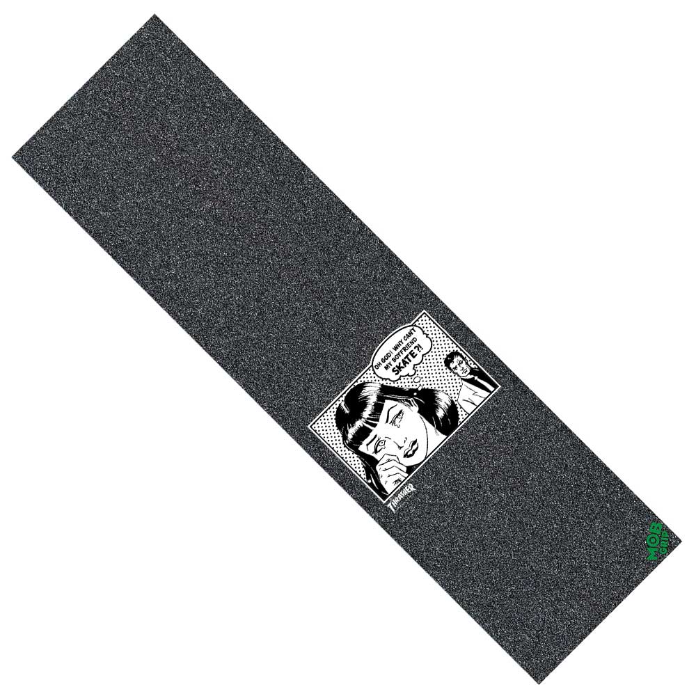 The Thrasher Boyfriend Grip Tape 9 in x 33 in Graphic Mob Griptape features a comic-style sad couple and "I can't believe it's not skater!" text—perfect for fans of Mob Grip artwork.