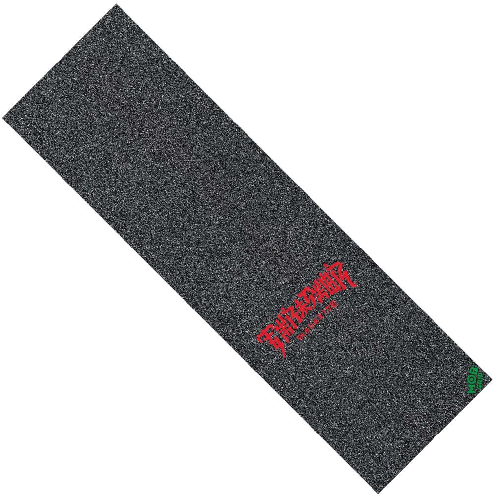 The Thrasher Chinatown Small Grip Tape is a 10" x 33" black Mob Griptape sheet with a rough texture, featuring a red Thrasher Magazine logo centered and a small green Mob Grip logo in the bottom right.