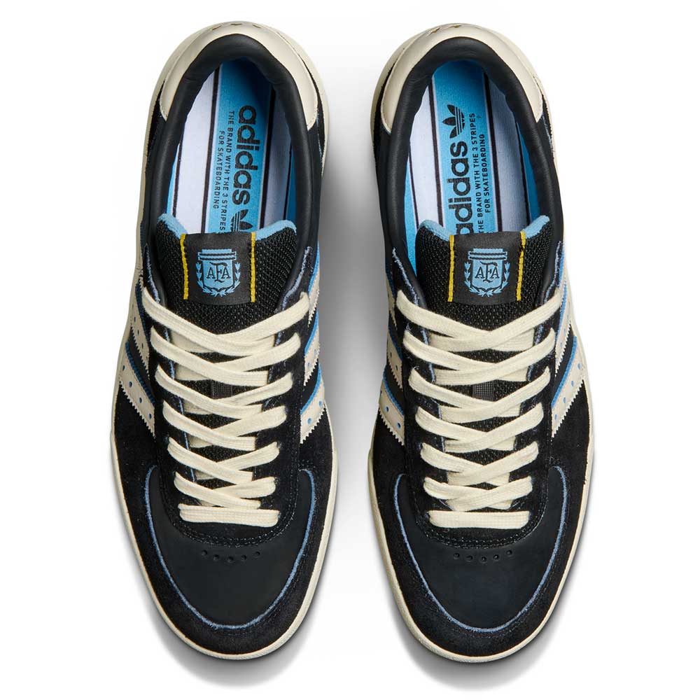 Top view of Thrasher Magazine Glenburn Black Blue KH7384 Adidas Skateboarding Shoes with black leather upper, white laces, blue and white accents, blue insoles with Adidas branding, and AFA logo on the tongue.