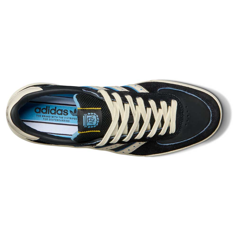 Top view of the Thrasher Magazine Glenburn Black Blue KH7384 Adidas Skateboarding Shoes: black leather upper, white laces, light blue accents, blue insole with Adidas logo and "THE BRAND WITH THE 3 STRIPES FOR SKATEBOARDING.