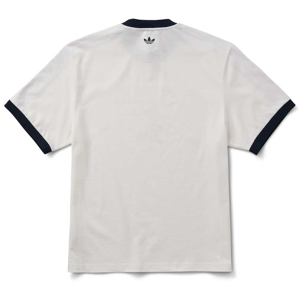 Back view of the Thrasher Magazine x Adidas AFA Tee White KX4548 by Adidas Skateboarding—a plain white T-shirt with black sleeve and collar trim, plus a small black Trefoil logo near the neckline, inspired by their limited-edition collab.