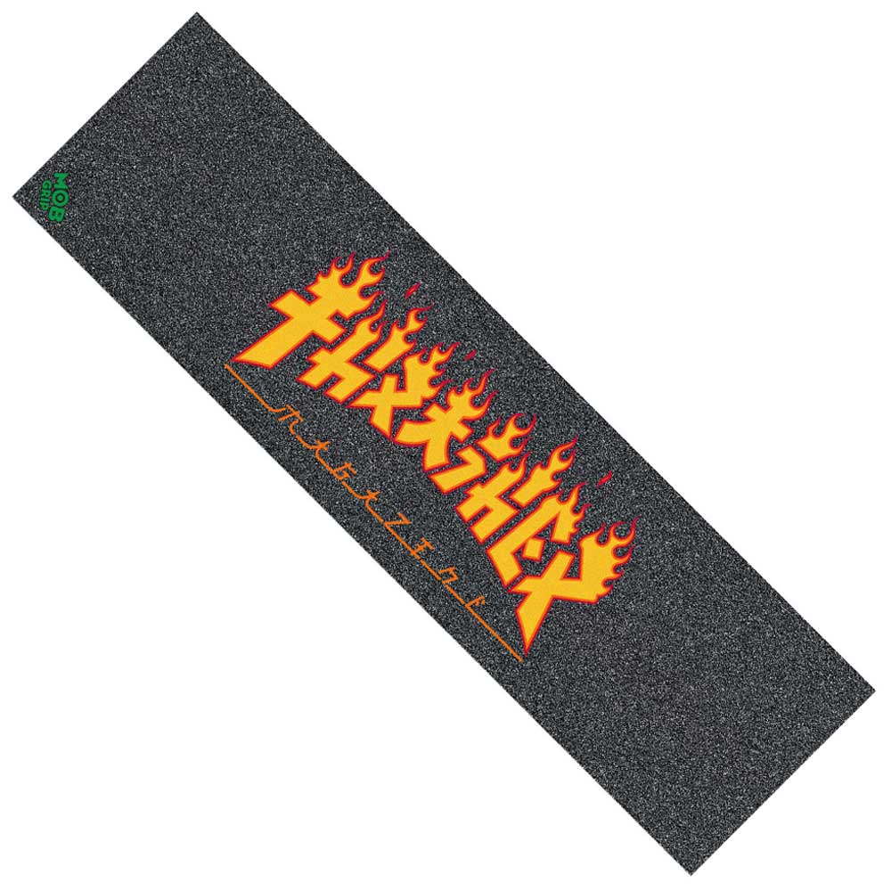 The Thrasher Monster Flame Grip Tape 9in x 33in Sheet Graphic Mob features bold yellow and red flaming Thrasher text at the center with illustrated flames, a small green logo in the corner, and a black rectangular design.