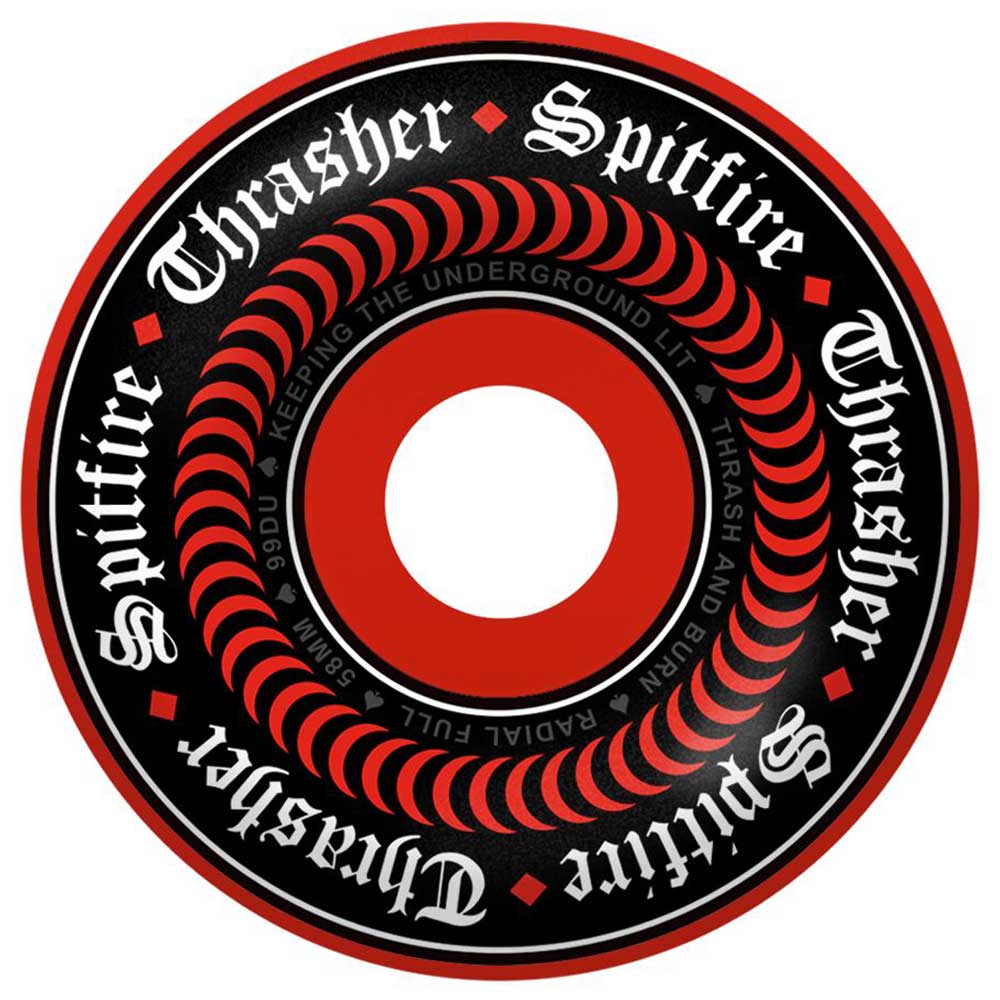 The Thrasher Oath SF Red 58mm99A Radial Full San Francisco Spitfire Wheel features a bold black and red spiral design, white gothic Spitfire and Thrasher Oath lettering, a red inner circle, and a black center.
