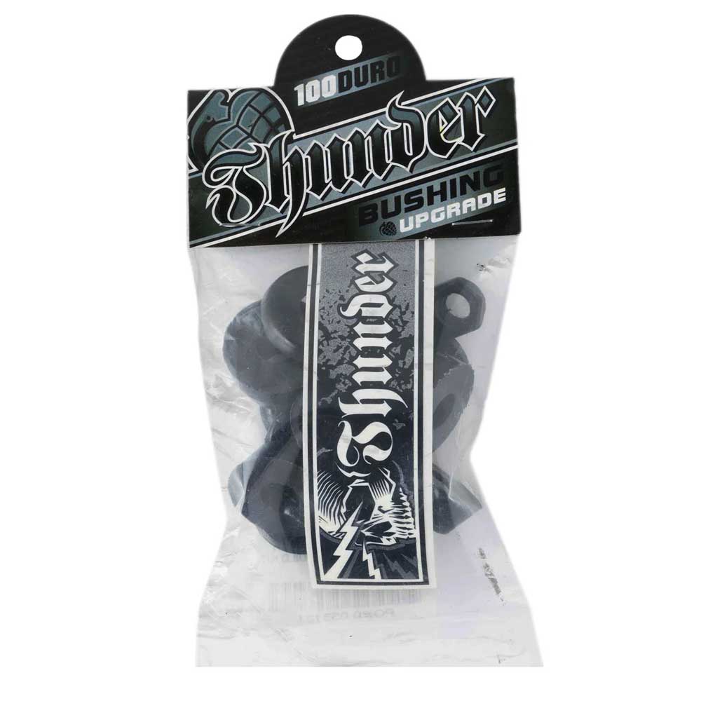 The Thunder Bushings Rebuild Kit 100A Durometer Black comes in a clear bag with black bushings, a Thunder sticker, and a header reading "Thunder Bushing Upgrade 100 Duro"—the perfect kit for refreshing your skateboard setup.