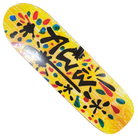 The Tony Alva Number 329 of 400 Guest Krooked Deck 9.1x32.9 is a collectible limited edition skateboard featuring a vibrant yellow background, abstract black splashes, colorful dots, and bold graffiti-style text for Krooked fans.