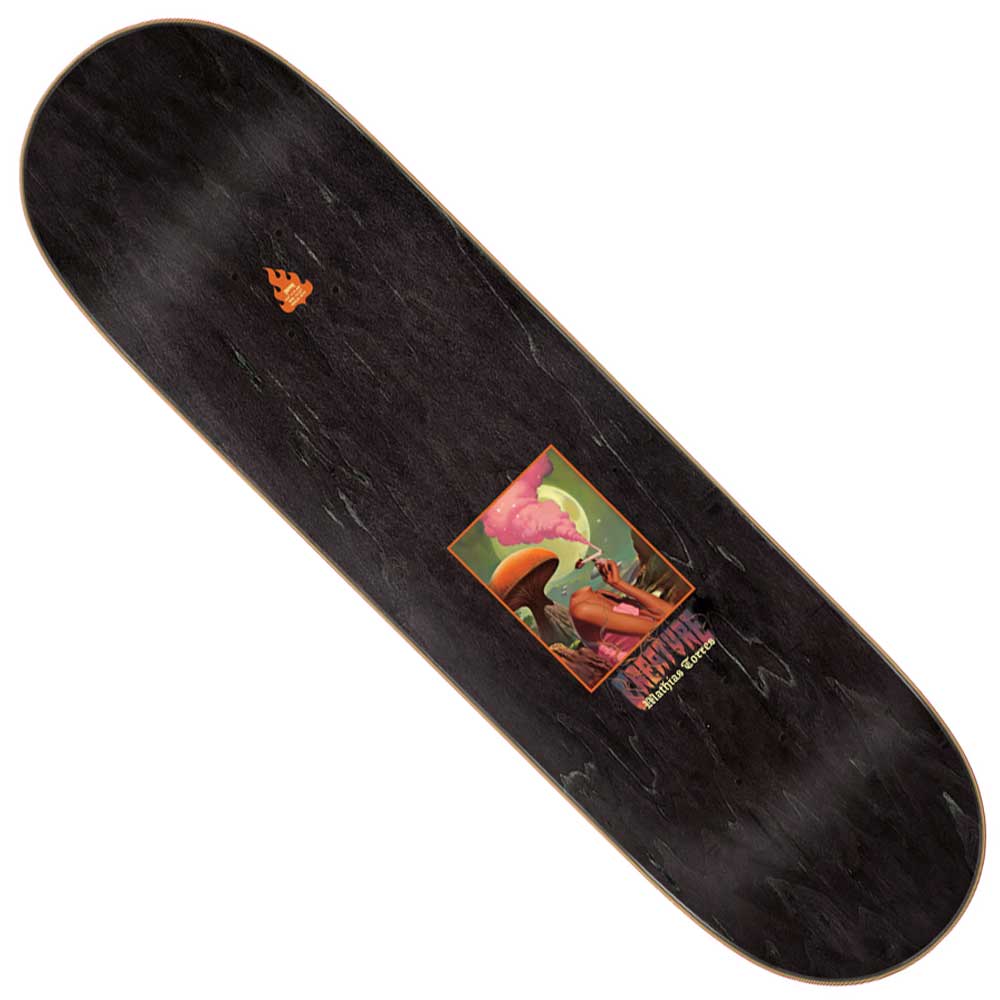 The Torres Jaguar Pro Stumps 8.51in x 31.88in Creature Deck is a black skateboard deck featuring a small orange flame logo and a vibrant rectangular graphic of mushrooms and a pink creature in the center, expertly crafted from durable 7-ply North American Maple.