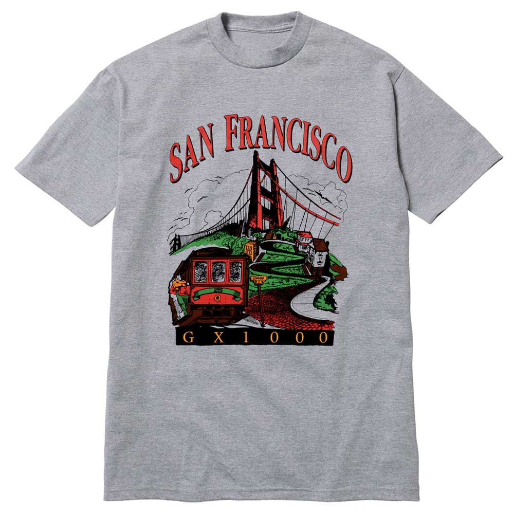 Tourist GX1000 Tee Heather Gray showcasing vibrant artwork of the Golden Gate Bridge, a cable car, houses, and trees—perfect for any tourist—with “SAN FRANCISCO” in red above and “GX1000” in yellow below.