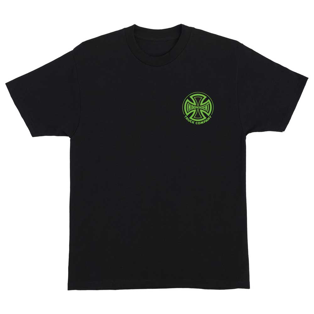 The Truck Co Legacy S/S Heavyweight T-Shirt by Independent features a black and green design with a small circular logo on the left chest. This men's tee has short sleeves and a classic crew neckline—ideal skateboarding apparel.