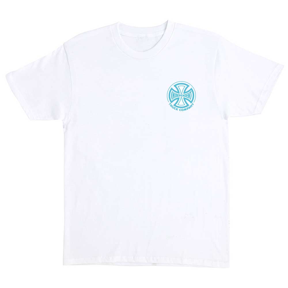The Truck Co Legacy Heavyweight T-Shirt in white and blue for men by Independent features a small circular cross logo with stylized text on the left chest—ideal skateboarding apparel for Independent Trucks fans.