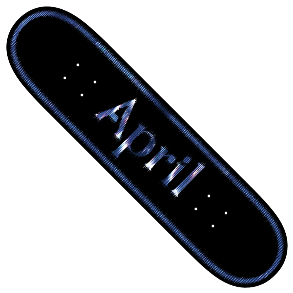 The Twin 8.5 OG Logo Fractured April Skateboards Deck is a black popsicle-shaped 7-ply maple deck with "April" in metallic blue and white font diagonally on a white background, plus four truck holes—perfect for street and park skating.