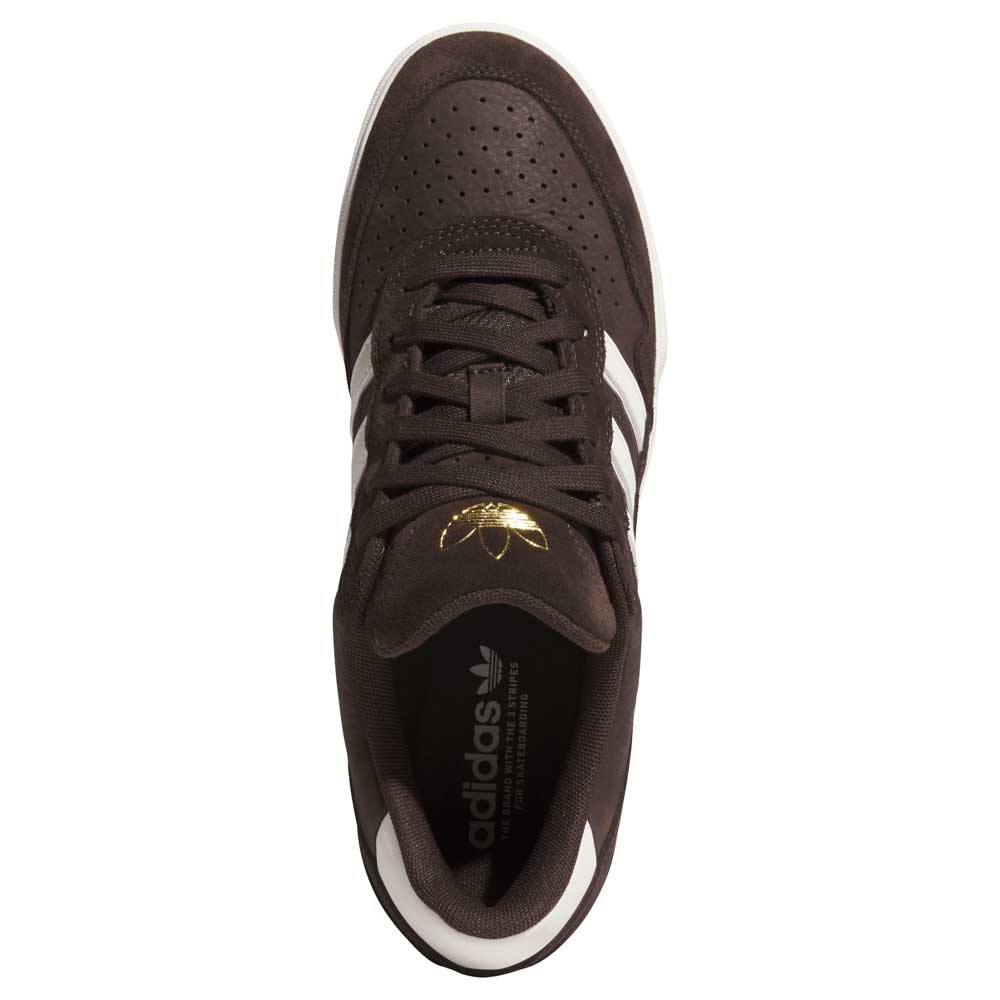 Top view of the Tyshawn 2 II Brown White HQ4735 Adidas Skateboarding Shoe, featuring a dark brown upper with white side stripes, black laces, a white sole edge, and a gold Adidas logo on the tongue.