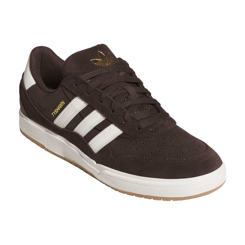 The Tyshawn 2 II Brown White HQ4735 Adidas Skateboarding Shoes feature white stripes, a white sole, gold Tyshawn text, perforated details, and the Adidas logo on the tongue—perfect for stylish skateboarding.