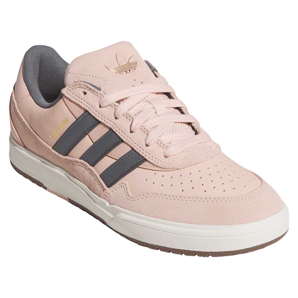 The Tyshawn 2 II Pink Green HQ4733 Adidas Skateboarding Shoe features light pink with black stripes, a white sole, Adidas logo on the tongue, toe and side perforations, gray inner lining, and green accents.