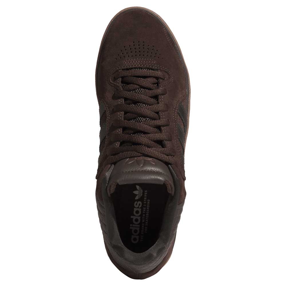 Top view of the Tyshawn HQ4740 Brown Gum Adidas Skateboarding suede shoes featuring laces, a perforated toe, and visible Adidas logo on the insole—ideal for skate enthusiasts.