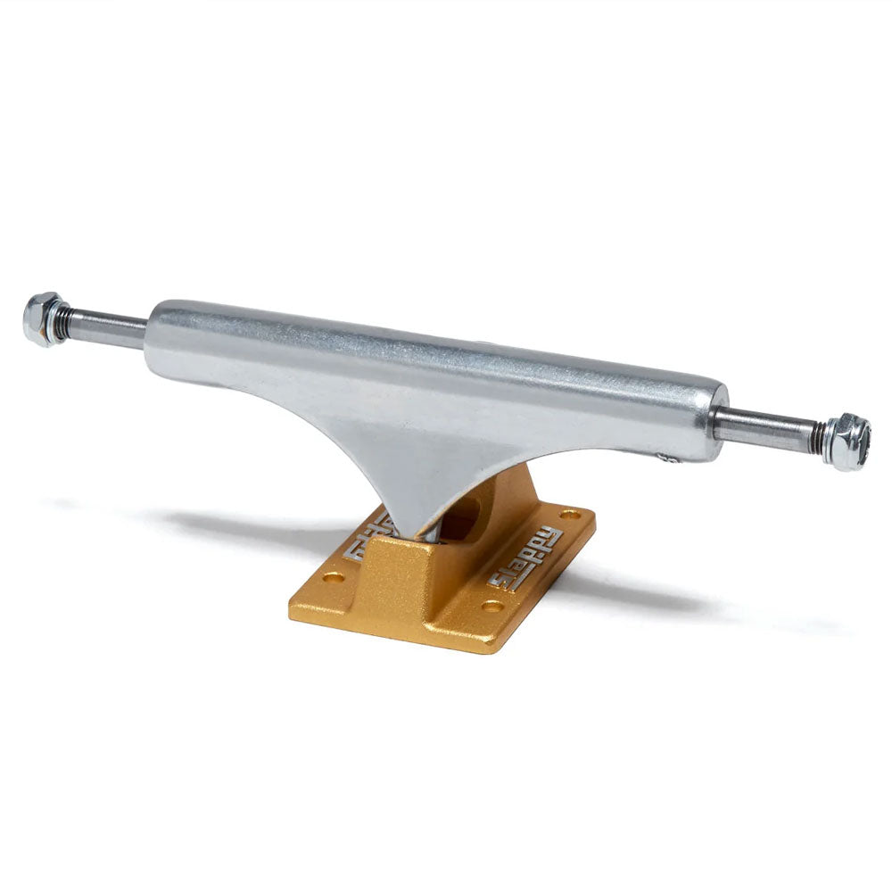 A set of Ultra Low ST1 Inverted Hollow 8.5 Gold Slappy Trucks (set of two) is displayed, featuring a silver hanger and a metallic gold baseplate against a white background. Designed to fit decks ranging from 8.3 to 8.6 inches, these skateboard trucks combine style with reliable performance.