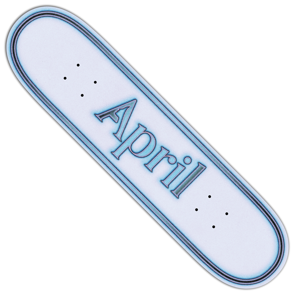 The Uni 8.38 OG Logo April Skateboards Deck is a premium white maple popsicle deck with a light blue border and bold blue “April” logo, designed for street and park skating, featuring standard truck holes.