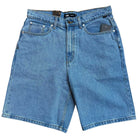 VN000C9VCDX1 Skate Check 5 Loose Shorts in stonewash blue denim by Vans feature a classic five-pocket design, front and back pockets, belt loops, a button waist closure, and are crafted from heavyweight denim with a slightly faded finish.