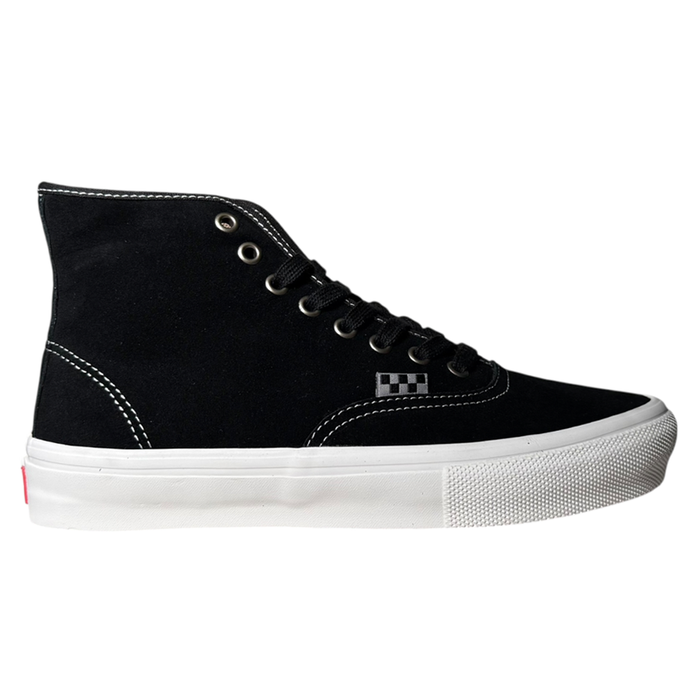 The VN000CBQS471 Authentic High Black Vans Skate Suede Rubber Shoes feature black suede, white stitching, black laces, metal eyelets, a white rubber sole, and a checkerboard detail—designed for durable style and all-day skate comfort.