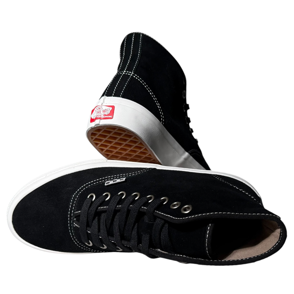 The VN000CBQS471 Authentic High Black Vans Skate Suede Rubber Shoes feature black suede, white stitching, white rubber soles, metal eyelets, waffle-patterned sole, red Vans logo, and PopCush footbeds for comfort.
