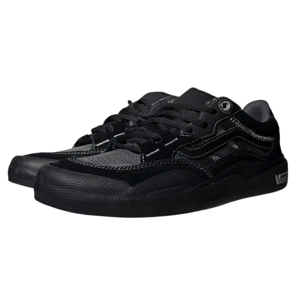 A pair of VN000D5D1741 Wayvee Skate 2 Black Black Grey Vans suede shoes featuring low-top design, white stitching, textured black soles, and eyelet details—an iconic vulcanized skate shoe built for style and durability.