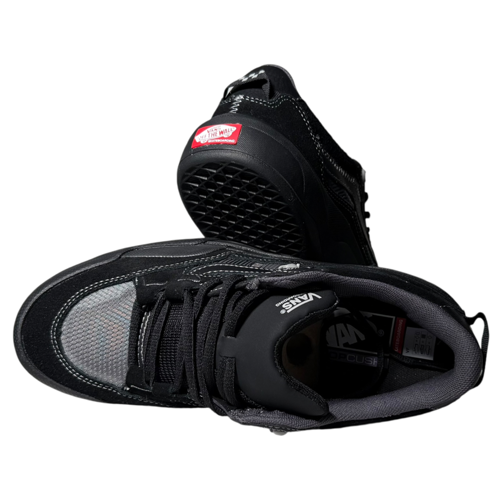 The VN000D5D1741 Wayvee Skate 2 Black Black Grey Vans Suede Shoes feature classic black suede with gray accents, the iconic logo, and waffle-patterned sole—durable skate shoes designed for both style and performance.