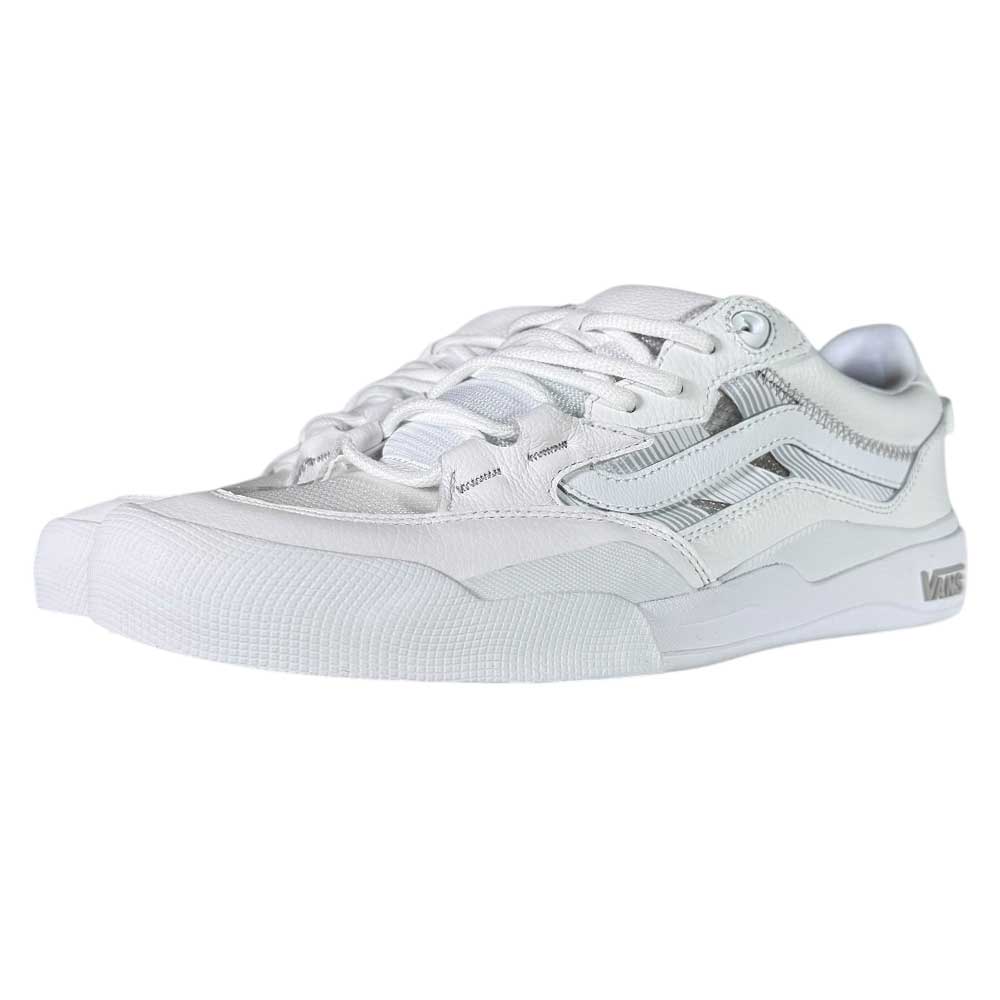 The VN000D5DWHT White Skate Wayvee Vans Leather Shoe features white leather, white laces, a textured rubber sole, stitched details, a silver side stripe, and the Vans logo on the heel, inspired by classic Wayvee sneakers.
