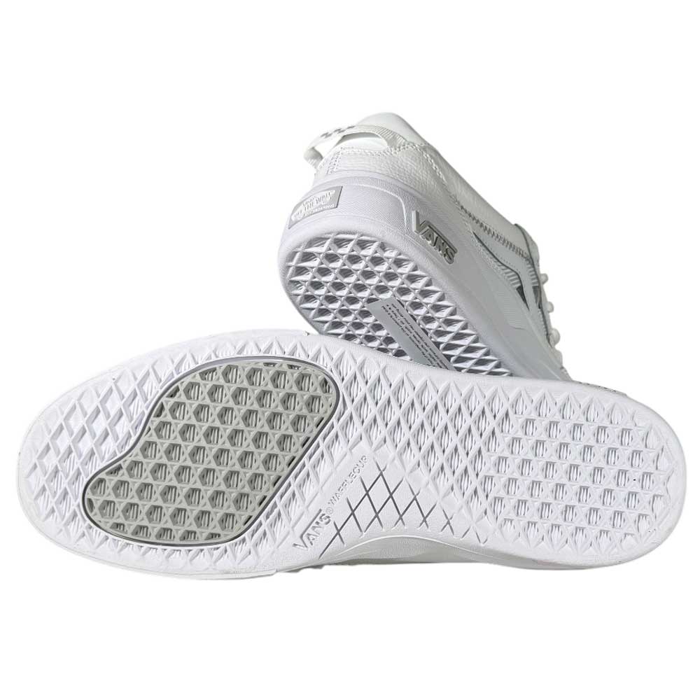 A pair of VN000D5DWHT White Skate Wayvee Vans Leather Shoes shown; one displays the side, the other the sole, which has a textured grip pattern and a grey section beneath the ball of the foot.
