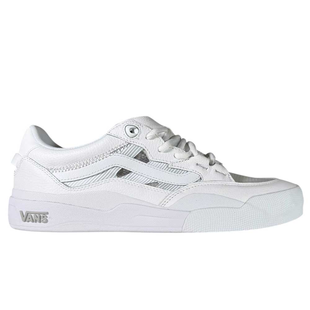 The VN000D5DWHT White Skate Wayvee Vans Leather Shoes feature a white low-top design with white laces, textured sole, subtle stitching, and the Vans logo by the heel—ideal for skating and everyday minimalist style.