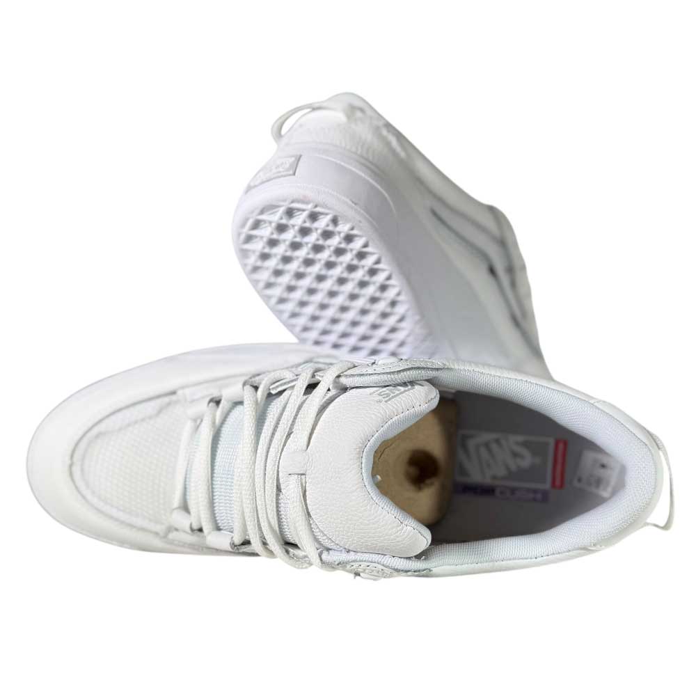 Two VN000D5DWHT White Skate Wayvee Vans Leather Shoes are displayed—one on its side showing the textured sole, the other upright revealing laces and interior branding.