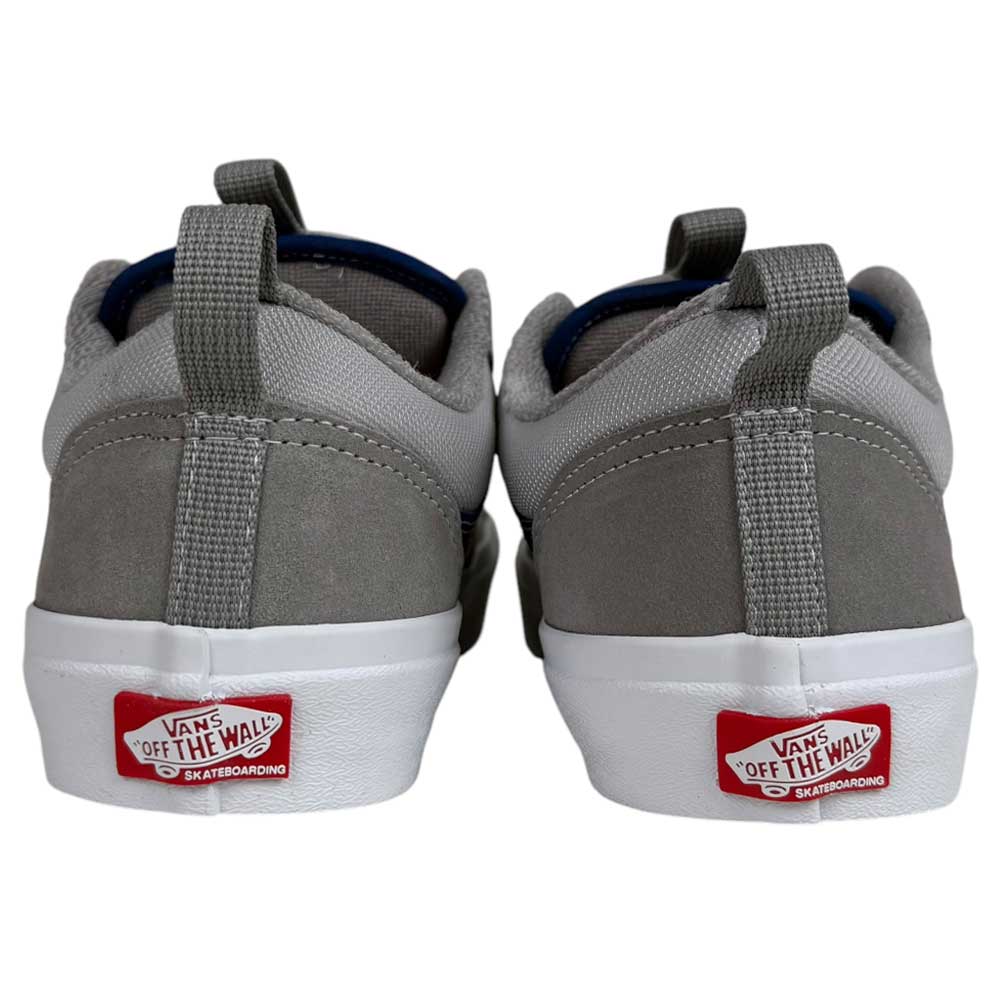 Two VN000D5RY31 Grey Blue Skate Old Skool 36+ Vans Suede Shoes are shown from the back, highlighting white soles and red Vans Off The Wall logos on the heels.
