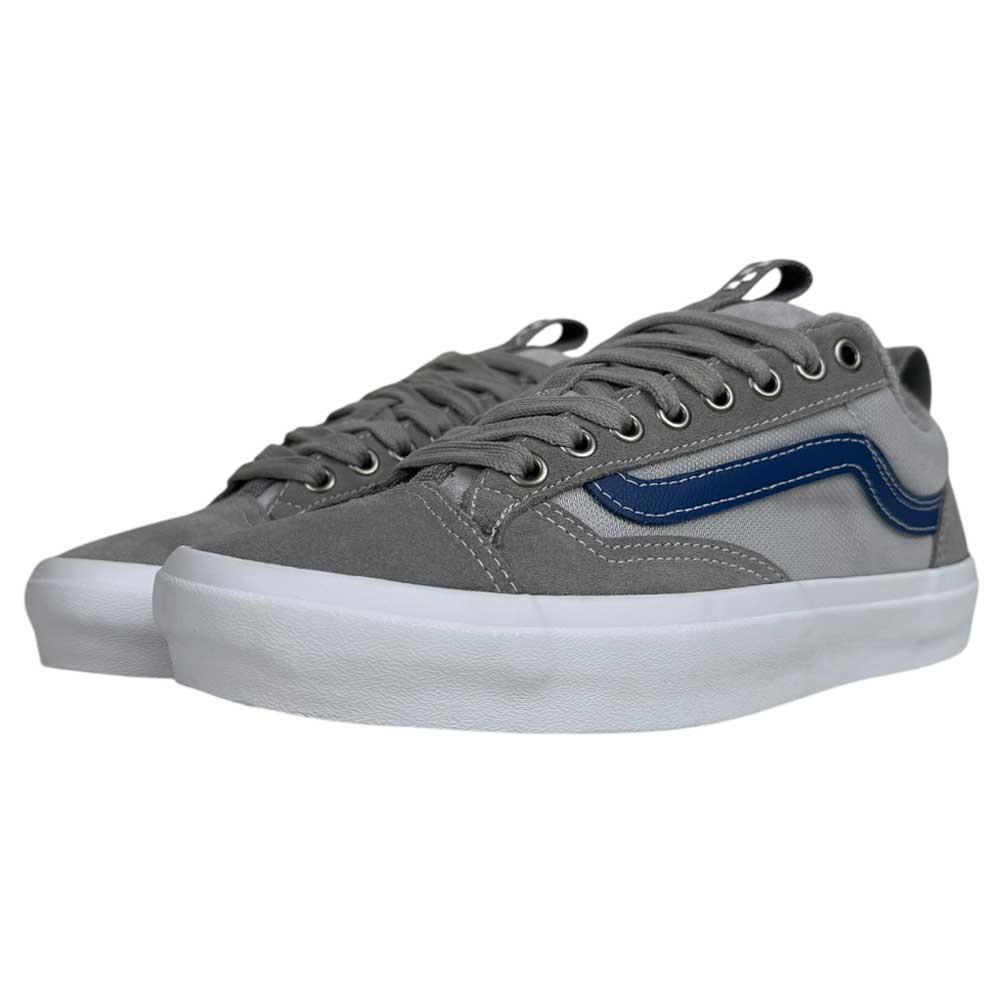A pair of VN000D5RY31 Grey Blue Skate Old Skool 36+ Vans Suede Shoes with gray uppers, blue side stripe, silver eyelets, gray laces, and white soles, displayed side by side on a white background.