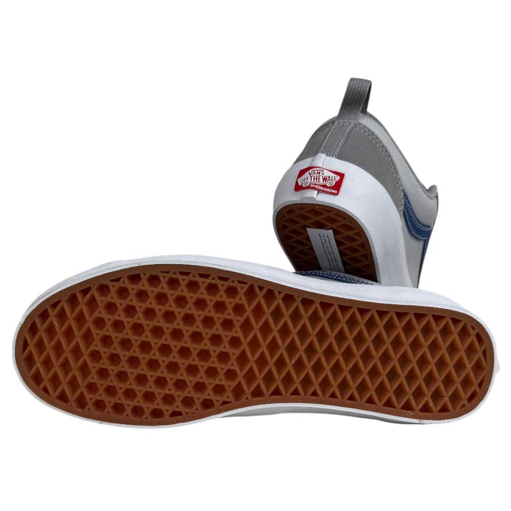 A pair of VN000D5RY31 Grey Blue Skate Old Skool 36+ Vans Suede Shoes: one laid flat to show the classic brown waffle-pattern sole, the other upright with the red Vans Off the Wall logo on the heel.