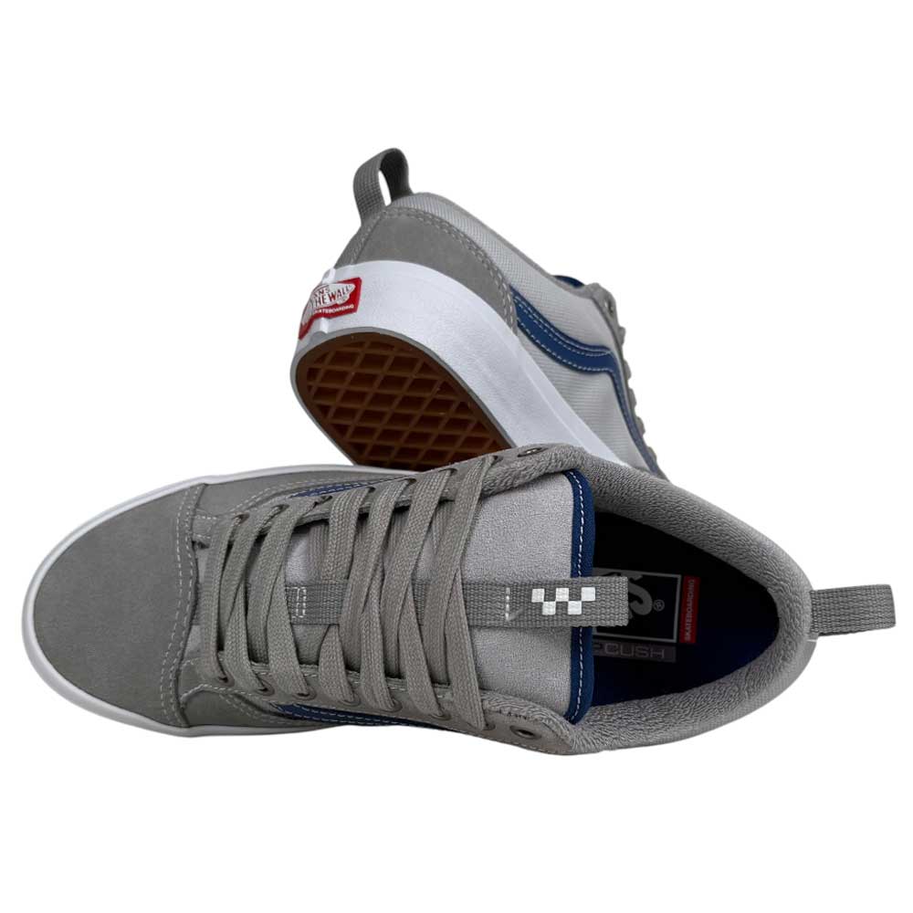 The VN000D5RY31 Grey Blue Skate Old Skool 36+ Vans Suede Shoes feature gray suede uppers, blue details, white soles, laces, and visible Vans logos on the heel and tongue; shown from above and side.