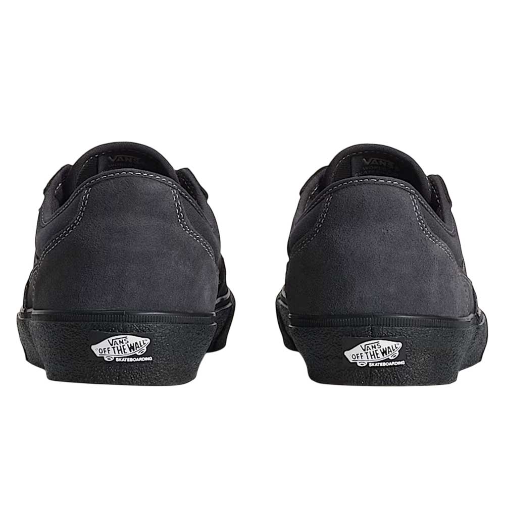 Rear view of VN000D85CC81 Skate Curren Caples Charcoal Black Vans Skate Suede Rubber Shoes, featuring suede texture and the Vans Off The Wall logo on the soles.