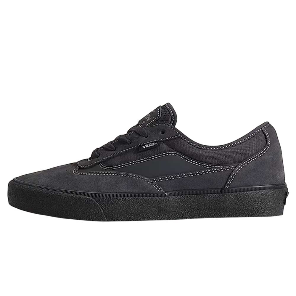 The VN000D85CC81 Skate Curren Caples Charcoal Black Vans shoes feature black suede, black laces, a black rubber sole, white stitching, and Duracap underlays for durability, shown side profile facing left on a plain white background.