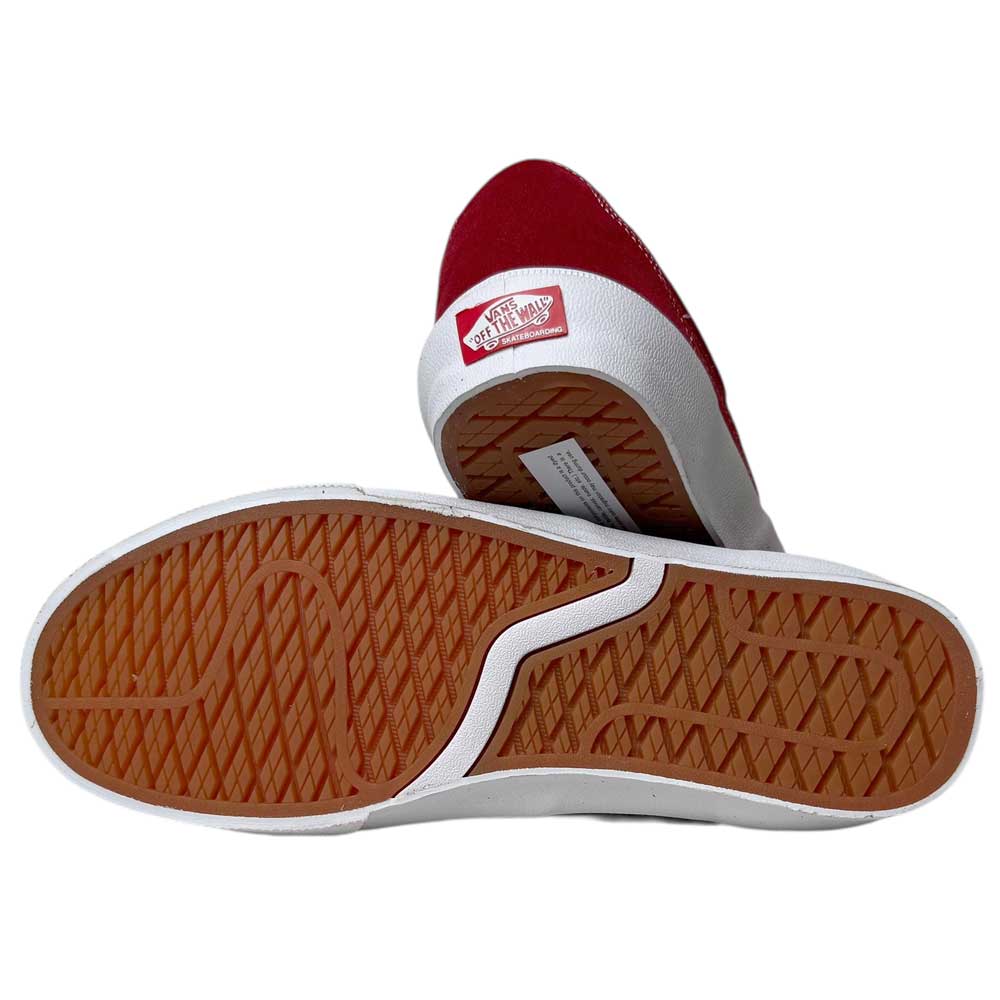 A pair of VN000D85Y521 Skate Curren Caples Red White Vans shoes; suede and rubber, featuring the iconic waffle-pattern gum sole and red Off the Wall logo—designed as classic vulcanized skate footwear.