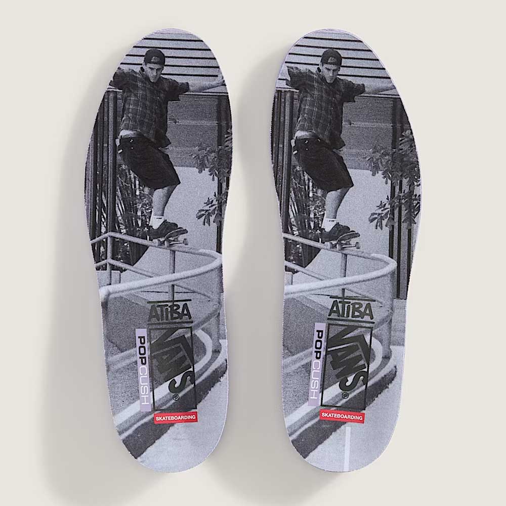The VN000D9Z2N1 Atiba Oatmeal Suede Skate Wafflecup Half Cab Vans Shoes feature insoles with a black-and-white skateboarder photo and ATIBA, Vans, Pop Cush, and Skateboarding logos—ideal for skate shoes with Wafflecup support.