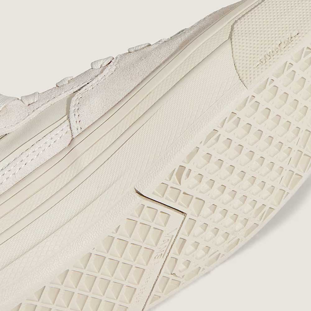 Close-up of the VN000D9Z2N1 Atiba Oatmeal Suede Skate Wafflecup Half Cab Vans shoes, showing textured grip on the sole, Wafflecup construction, and detailed stitching against a plain background.