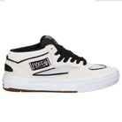 The VN000D9ZYB2 White Black Suede Skate Wafflecup Half Cab Vans Shoes features a mid-cut design, black laces, black sole stripe, iconic Half Cab patch, textured white Wafflecup sole, and a brown bottom for grip and style.