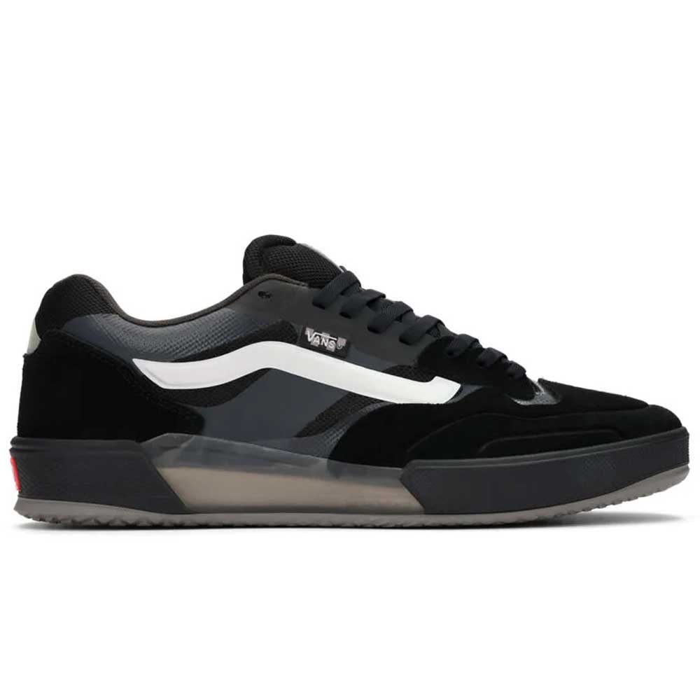 The VN000DA1B5T1 Black Metallic Skate Ave 2.0 Vans Suede Skateboarding Shoe features a black and gray low-top design, white side stripe, black laces, and dark semi-translucent sole—built for high-performance skateboarding.