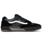 The VN000DA1B5T1 Black Metallic Skate Ave 2.0 Vans Suede Skateboarding Shoe features a black and gray low-top design, white side stripe, black laces, and dark semi-translucent sole—built for high-performance skateboarding.