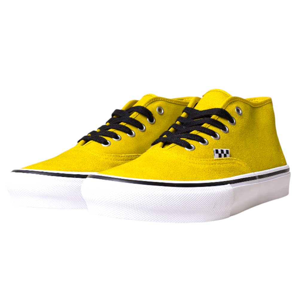 A pair of VN000EEEEMX1 Mustard Authentic Mid Vans Skate Suede Shoes featuring bright yellow suede, black laces, white soles, and a small black-and-white checkerboard detail on the side.