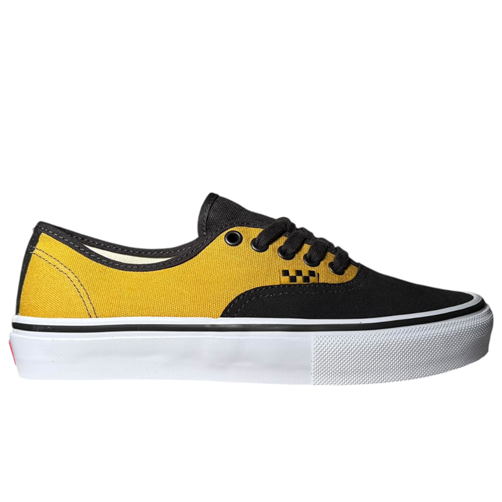 The VN000EERBLN Fade Brown Mustard Authentic Vans Skate Suede Shoes are low-top skate shoes with a yellow and black canvas upper, black laces, PopCush footbeds, white rubber sole, and a small checkerboard detail near the eyelets.