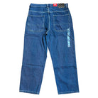 VN000KXMAHU Skate Check 5 Loose Vintage Indigo Denim Vans Pant shown from the back, featuring two large pockets, a checkered black and gray belt loop, red patch by the waistband, and a shiny blue strip—ideal for skateboarding.