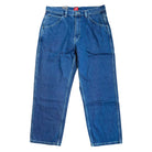 The VN000KXMAHU Skate Check 5 Loose Vintage Indigo Denim Vans Pant features classic blue heavyweight denim, straight legs, front and back pockets, and a button-zipper closure, displayed flat on a white background.